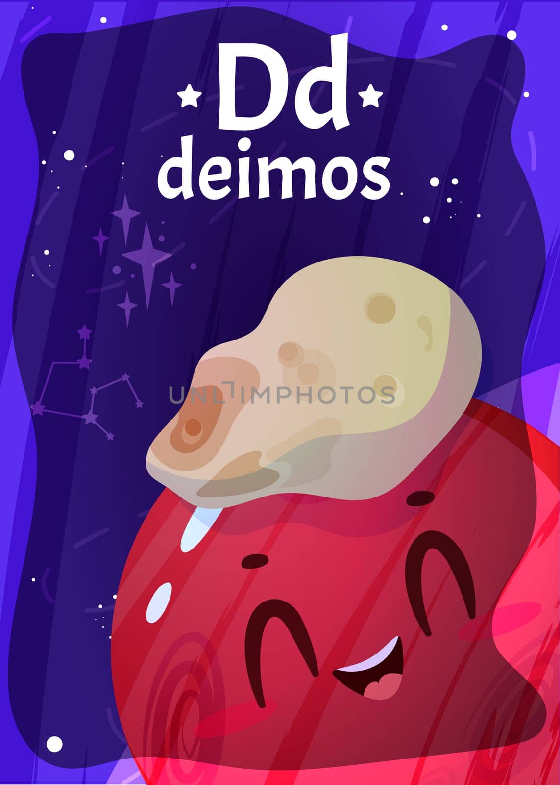 Printable space alphabet flash card with letter D. Cartoon deimos satellite with english word on flashcard for children education. Kid cards for teaching reading in kindergarten or primary school.
