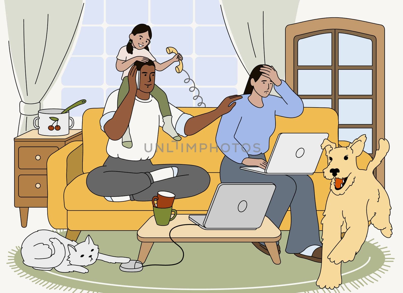 Flat family work on laptop from home with naughty kid and noisy domestic pets. Stressed exhausted freelancer parents working in mess room.Tired mom burnout, fatigue father or multitasking concept.