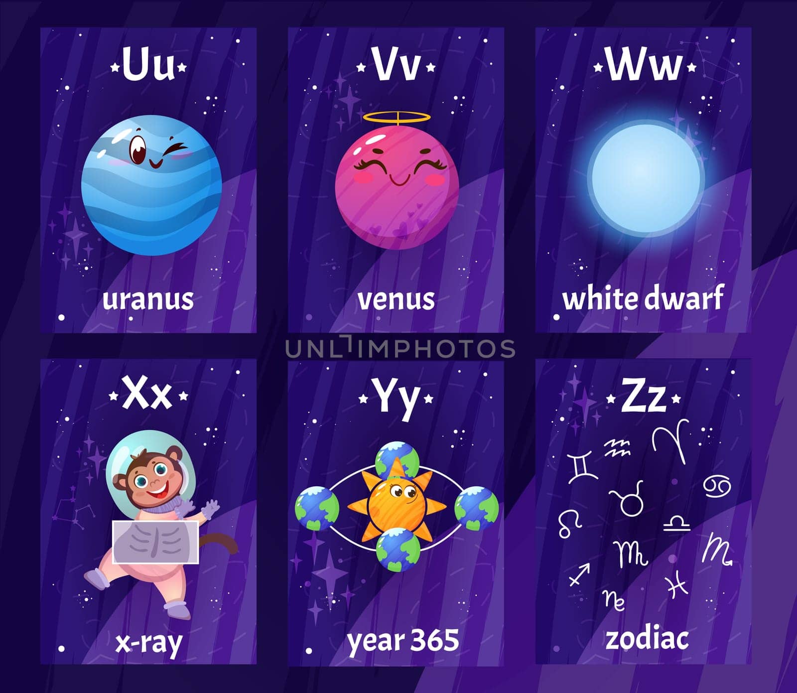 English alphabet flashcards with letters from U to Z for children education. Printable kids flash card with astronaut with X-ray scan, planets in cosmos, white dwarf, zodiac sings for learning letters