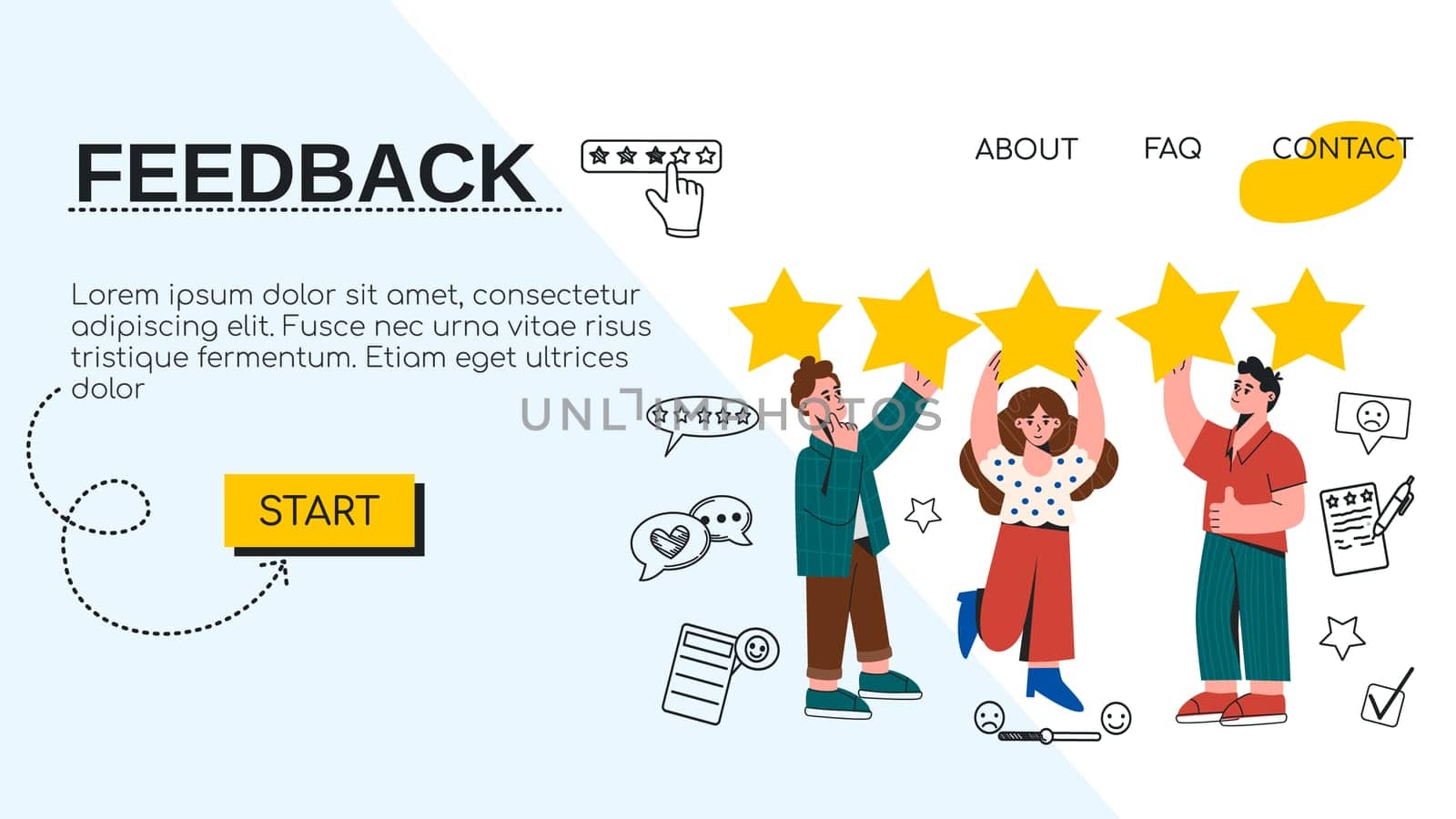 Landing page template with group of people with golden stars, positive review. Customer feedback, opinion or quality ranking concept. Client satisfaction rating. Flat vector illustration for website.