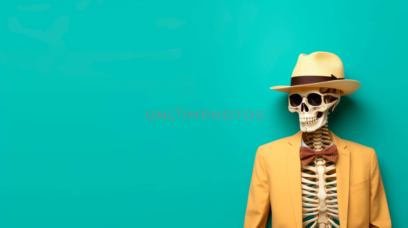 Portrait of a human skeleton in a hat and yellow blazer on a blue background. Copy space. AI generated