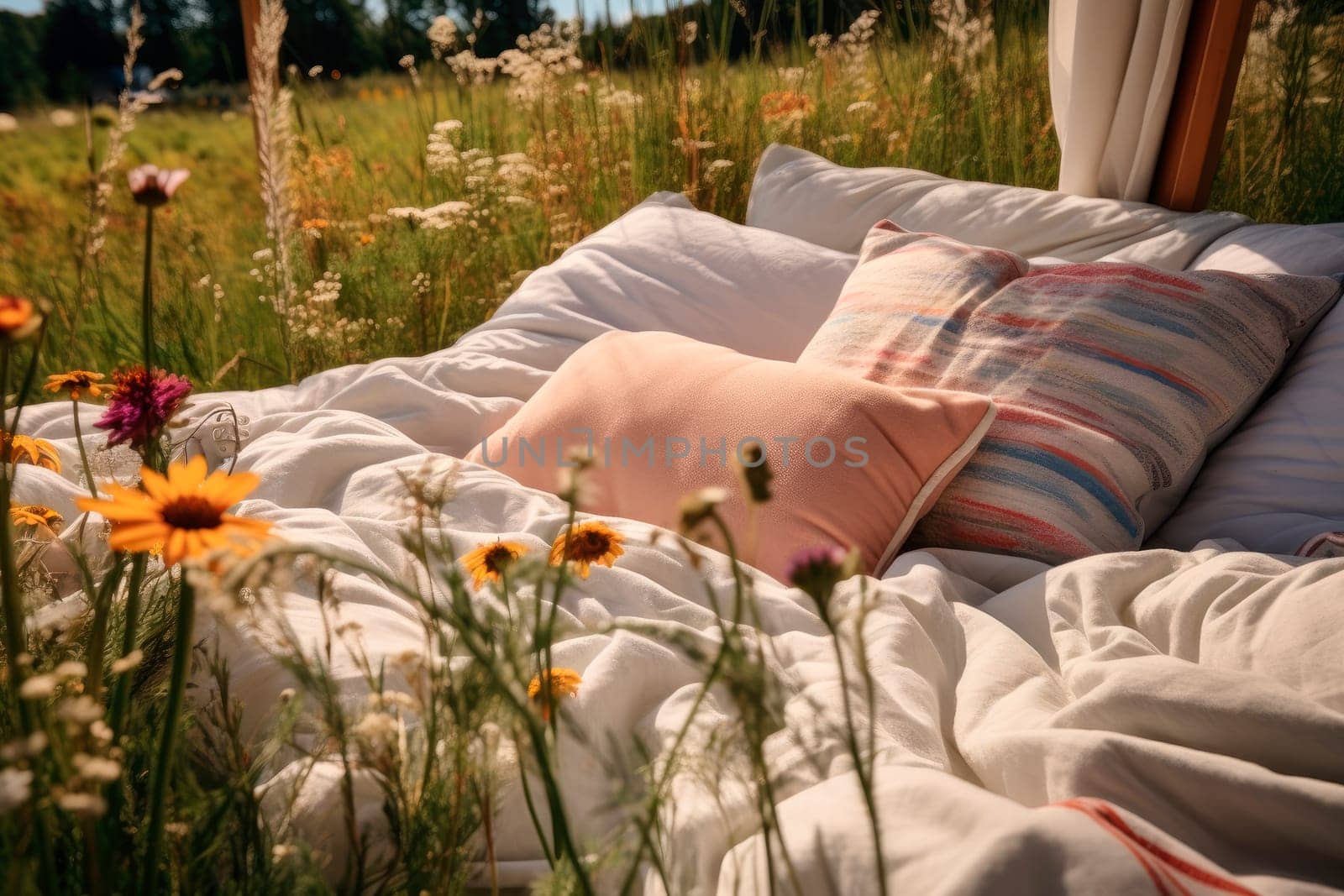 Perfect sleeping place, soft pillows and blanket in a summer wildflowers meadow. A bed in a flowers field - concept of good sleep. AI generated