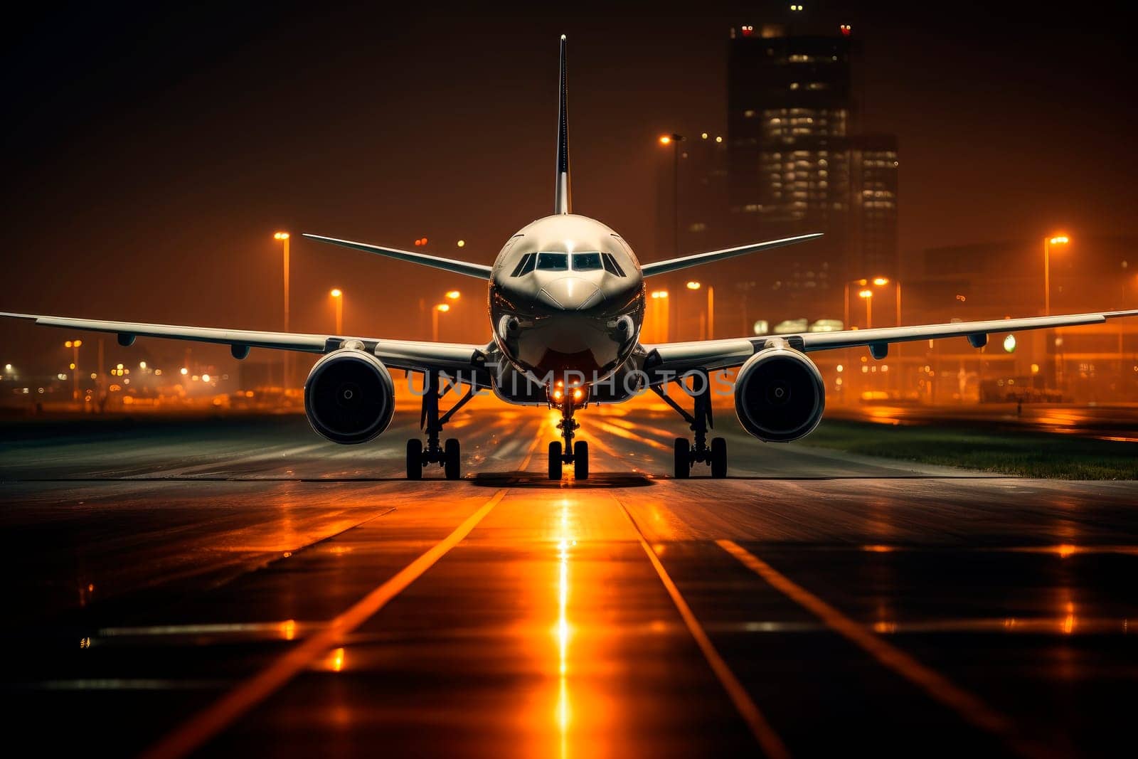 Front view the plane is ready to take off from the runway with a night urban background. AI generated