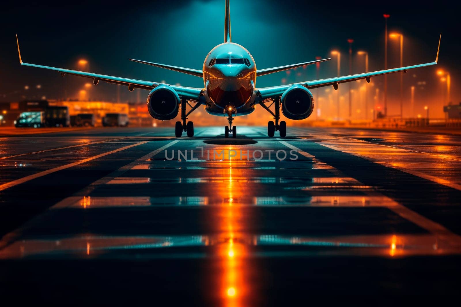 Plane on the runway at night, low angle front view. Airplane is ready to take off.AI generated