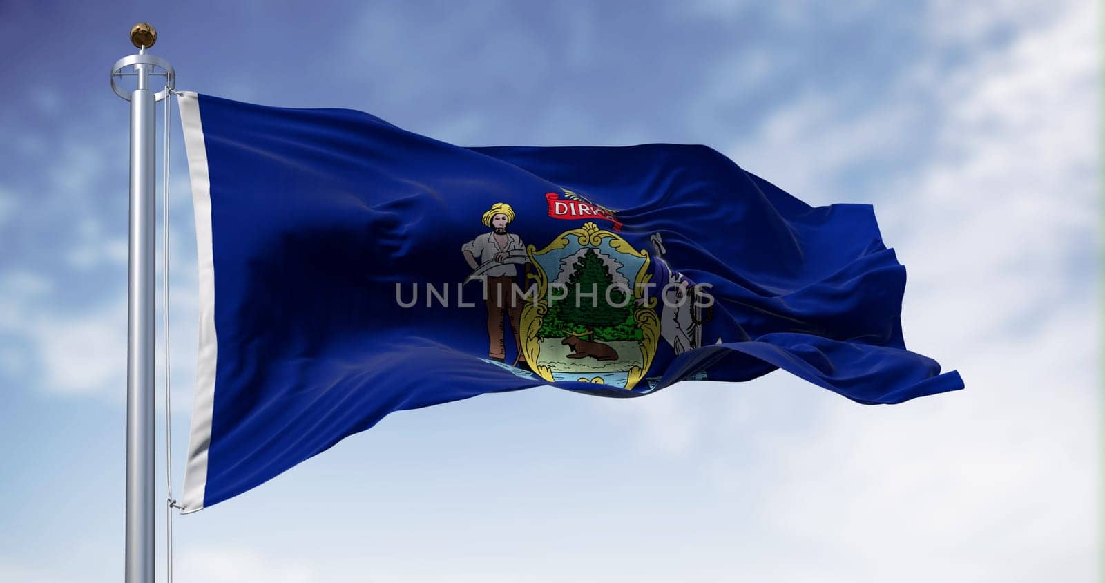 Maine state flag waving in the wind on a clear day. State coat of arms centered on a dark blue field. 3d illustration render. Rippled fabric