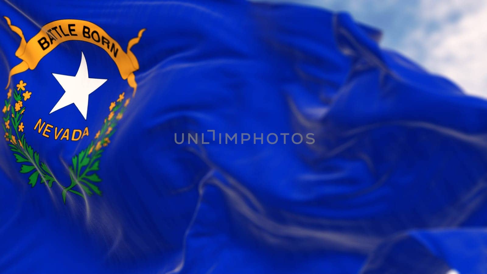 Close-up of Nevada state flag waving in the wind on a clear day. Cobalt blue field with a state emblem on the top left. 3d illustration render. Rippled fabric. Selective focus