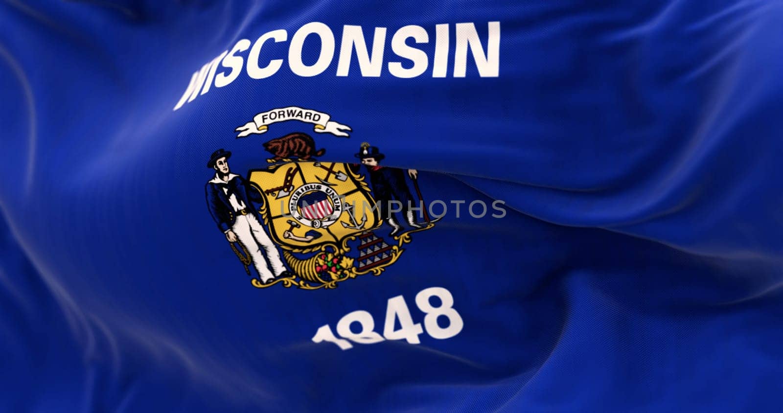 Close-up of Wisconsin state flag waving in the wind. Blue flag with a central coat of arms. 3d illustration render. Rippled fabric. Textured background. Selective focus