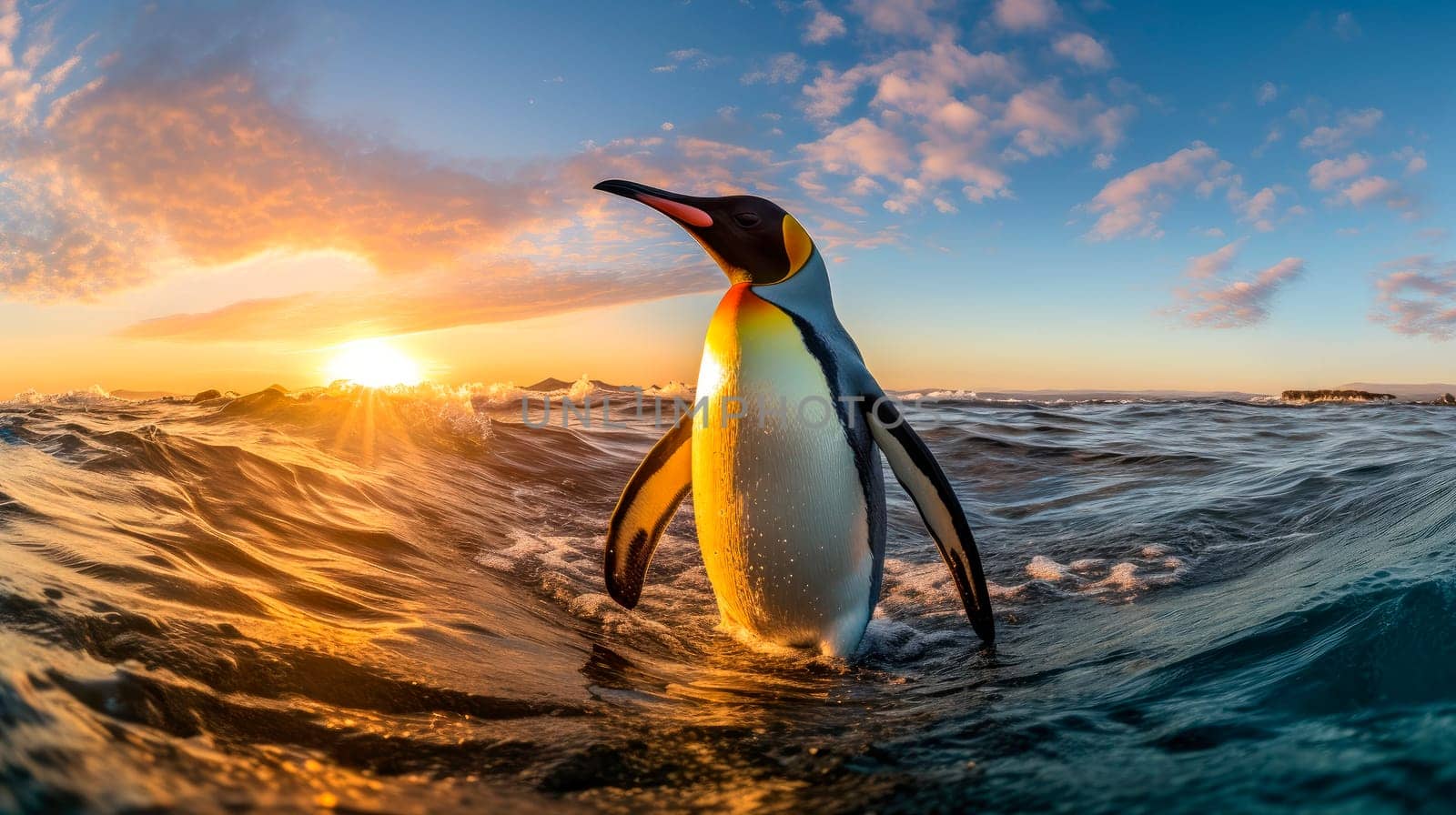 King penguin walking through the cold water at ocean shore against setting sun. AI generated