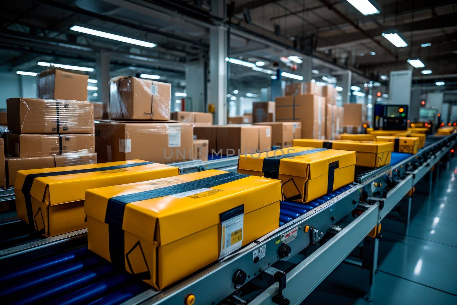 Boxes on conveyor. Automated warehouse process. Cardboard parcels on production line.AI generated