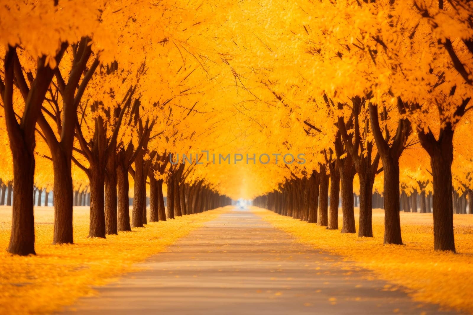 Beautiful romantic alley in a park with yellow trees and sunlight. Autumn natural background. Shallow DOF.AI generated