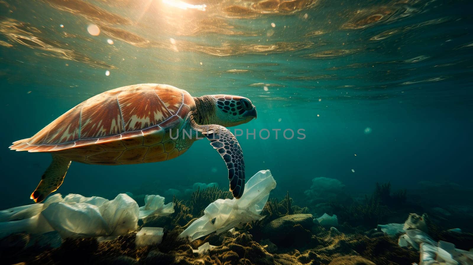 Turtle swimming among plastic garbage on the ocean-bed. Ecological disaster of plastic garbage in the ocean. Stop ocean plastic pollution.AI generated