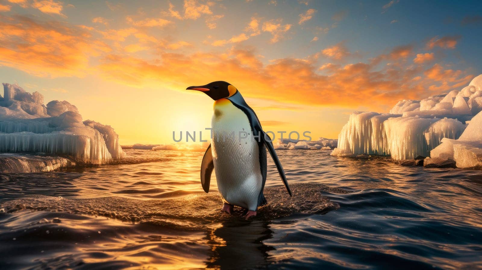 King penguin walking through the cold water at ocean shore against setting sun. AI generated