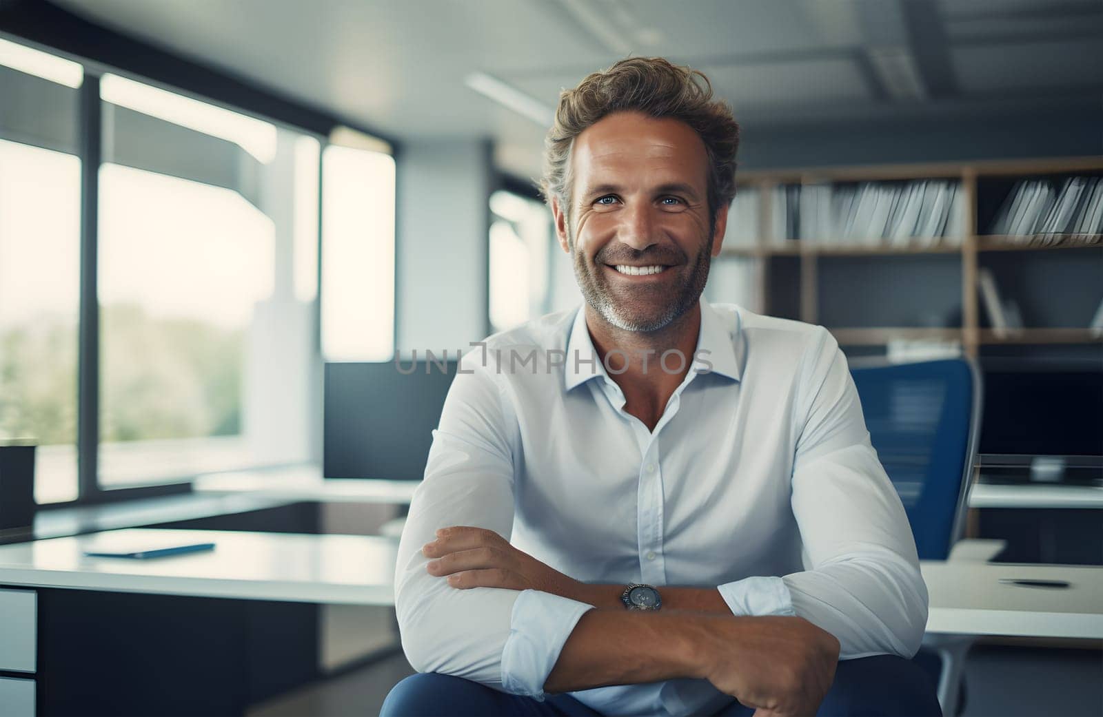 Portrait of young beautiful man smiling with crossed arms, looking at camera. Joyful, cheerful, happy employee sitting at desk or workplace in modern office. Successful businessman or manager