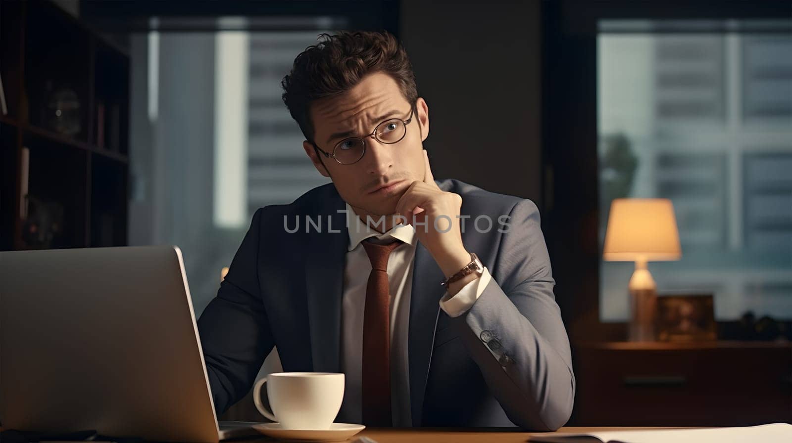 Businessman thinking at laptop in office for project management, strategy. Male worker planning solution on computer, doing research, think of innovation, looking for ideas, problem solving