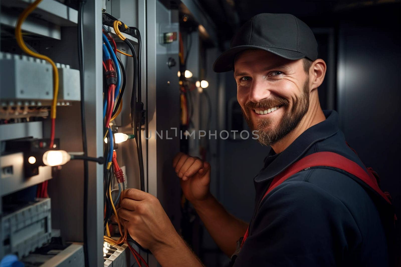 Electrician engineer fix switchboard, electrical connecting cable. Man in uniform, helmet inspect, maintain switch socket circuit breaker panel, fix electric fuse system. Home service. Power outage
