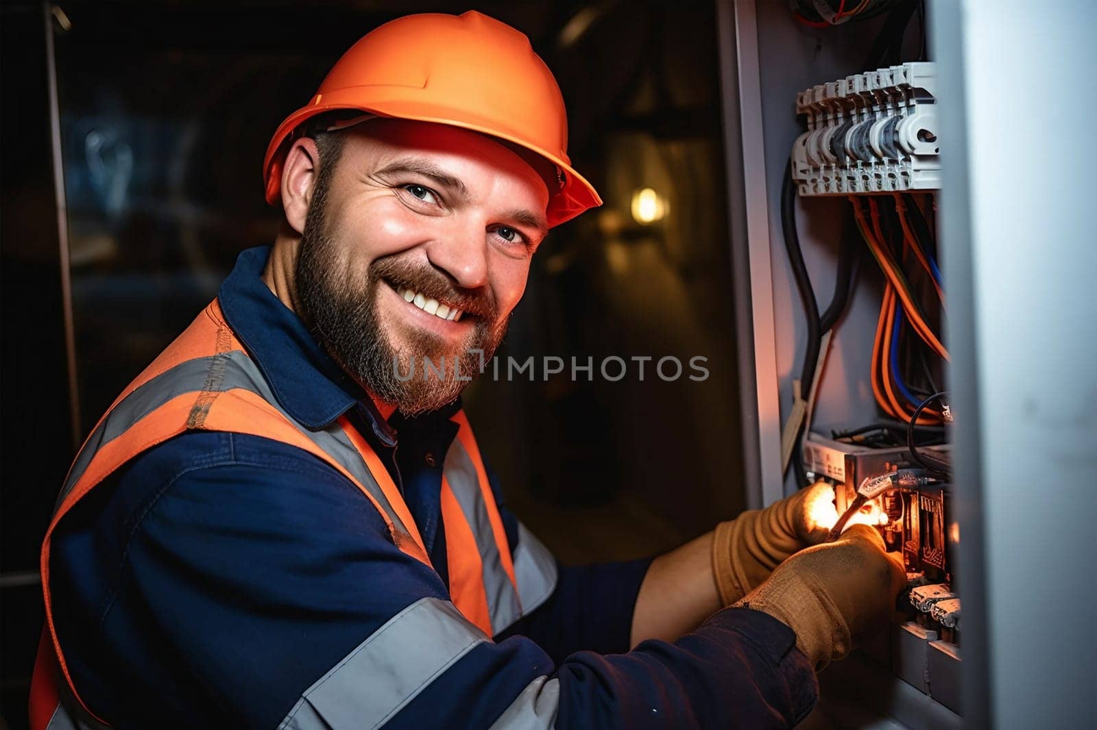 Electrician engineer fix switchboard, electrical connecting cable. Man in uniform, helmet inspect, maintain switch socket circuit breaker panel, fix electric fuse system. Home service. Power outage