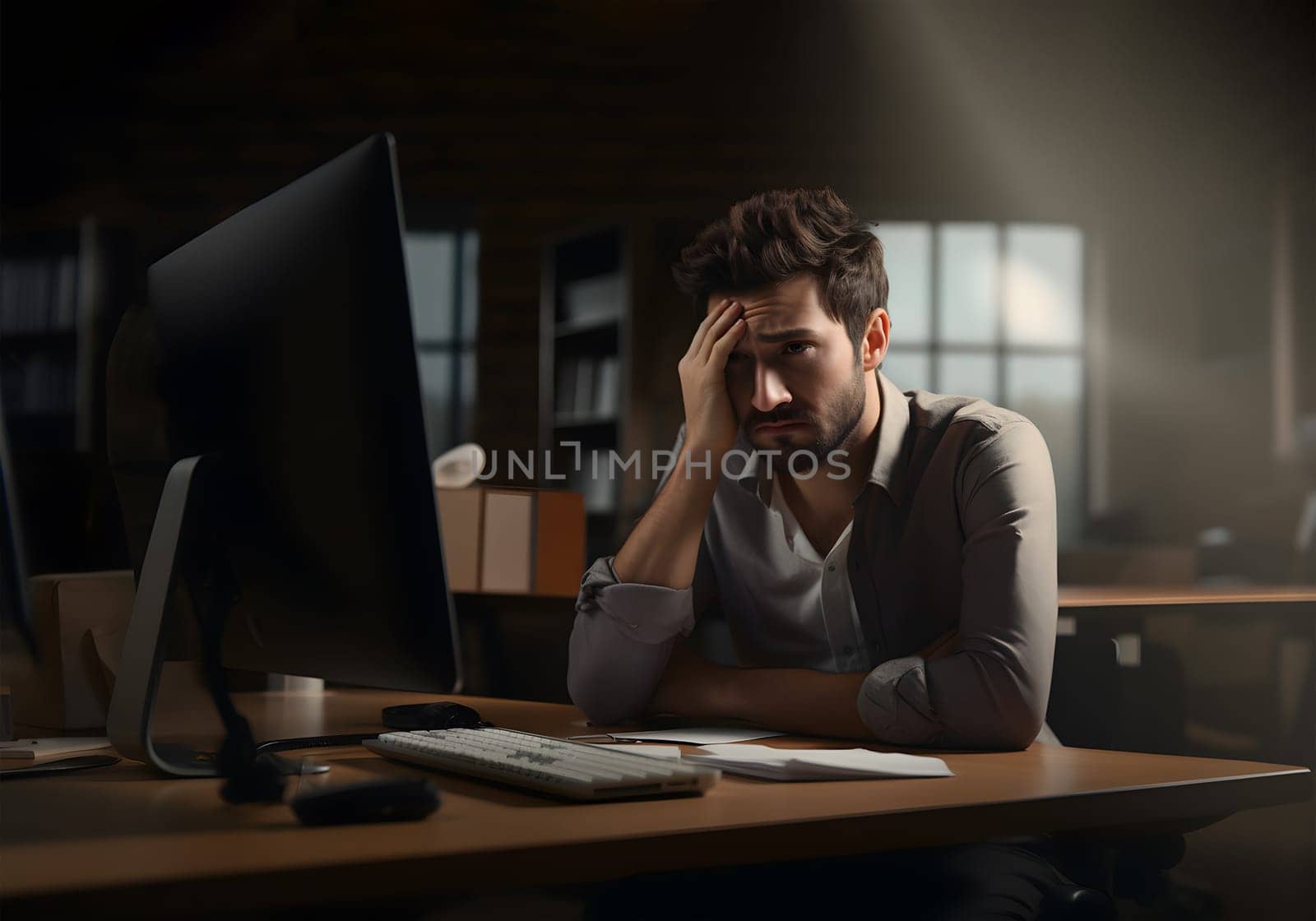 Overworked young man. Stressed ceo person. Exhausted, burnout, anxiety manager take break in online work, close tired eyes. Need some rest. Employee frustrated with mistake. Overtime concept