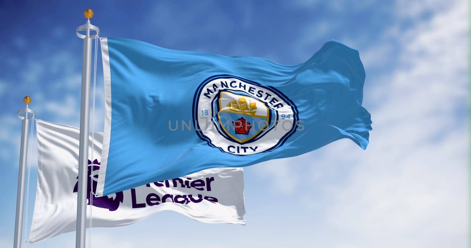 Manchester, UK, sept 10 2023: Flags of Manchester City and Premier League waving together on a clear day. Illustrative editorial 3d illustration render. Rippled fabric