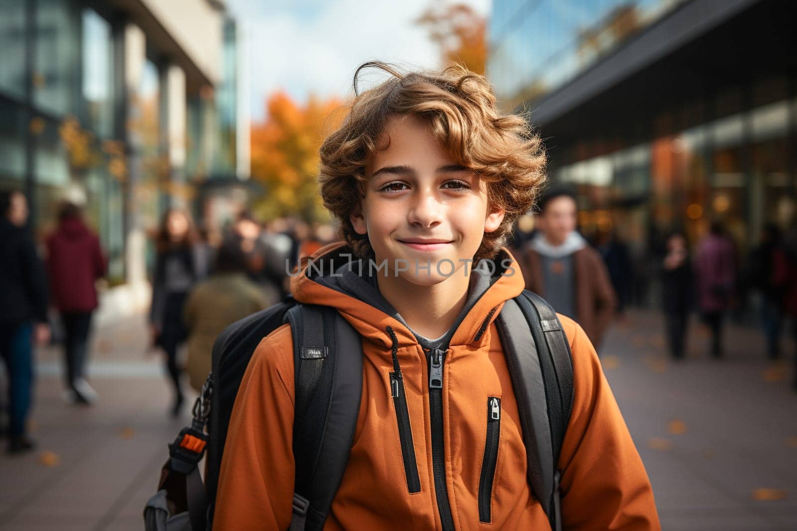 Portrait of happy teen boy on the way to school. Back to school concept. Generative AI.