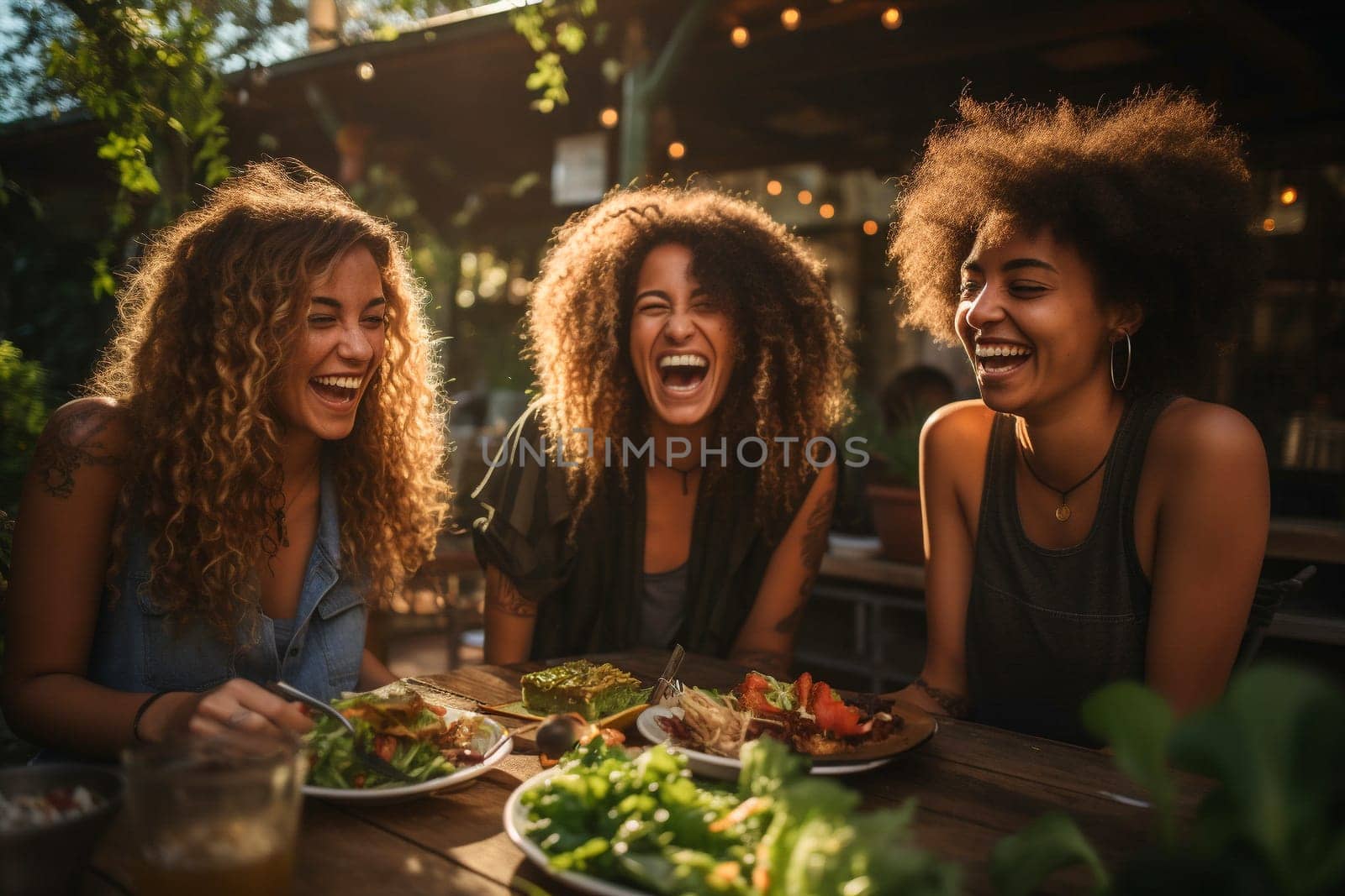Young women dining and having fun eating toghether at restaurant - Multiracial happy young people laughing enjoying meal having fun sitting together at restaurant table  - Friendship life style concept on warm evening filter. Generative AI.