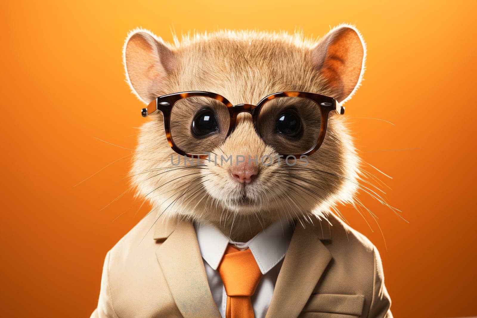 Portrait of cute mouse with sunglasses wearing suit and tie on solid background. Generative AI.