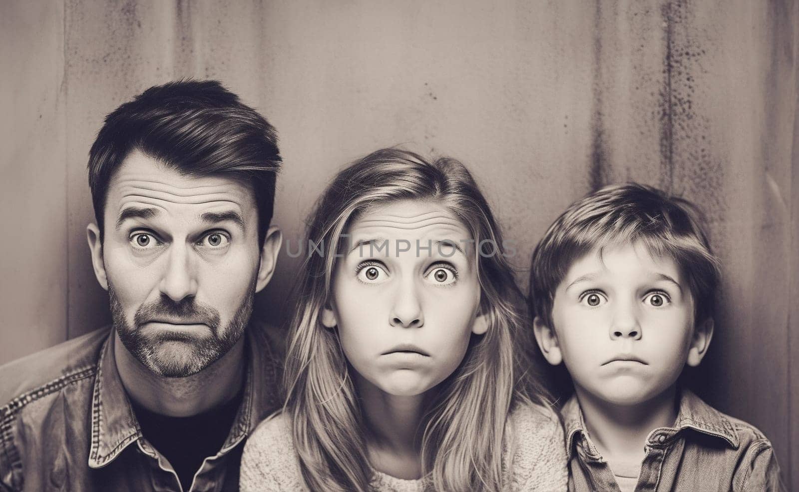 Portrait photo of family making funny faces. Generative AI.