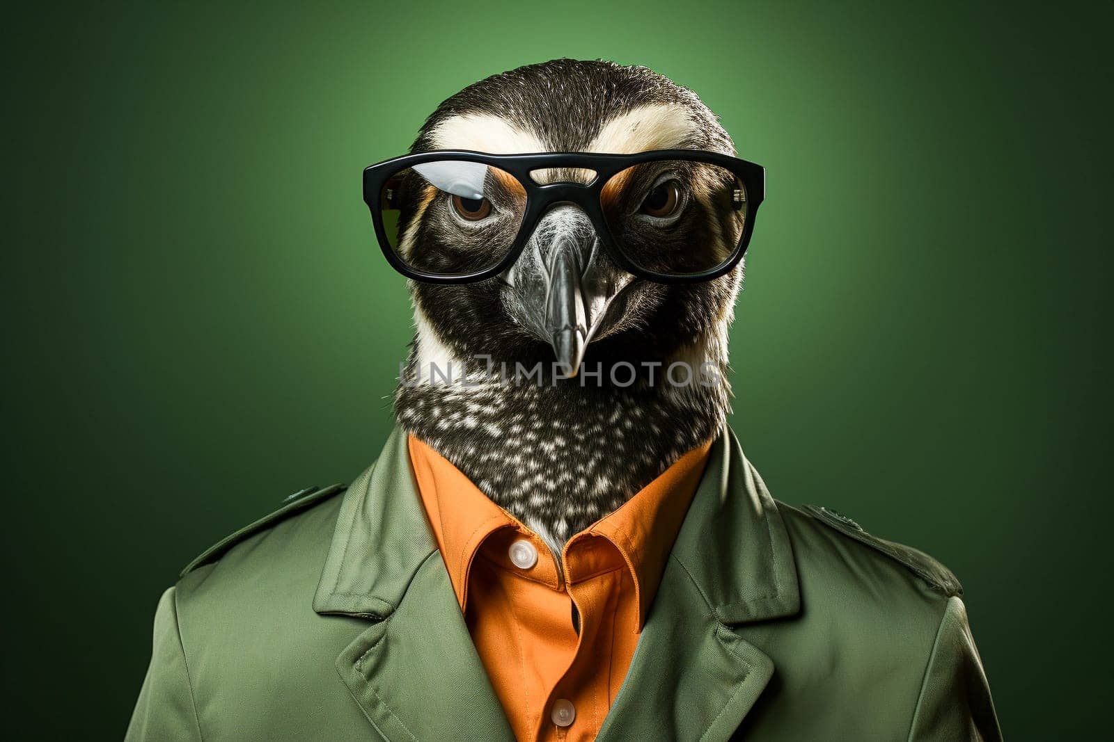 Portrait of penguin with sunglasses wearing suit and shirt on solid background. Generative AI.