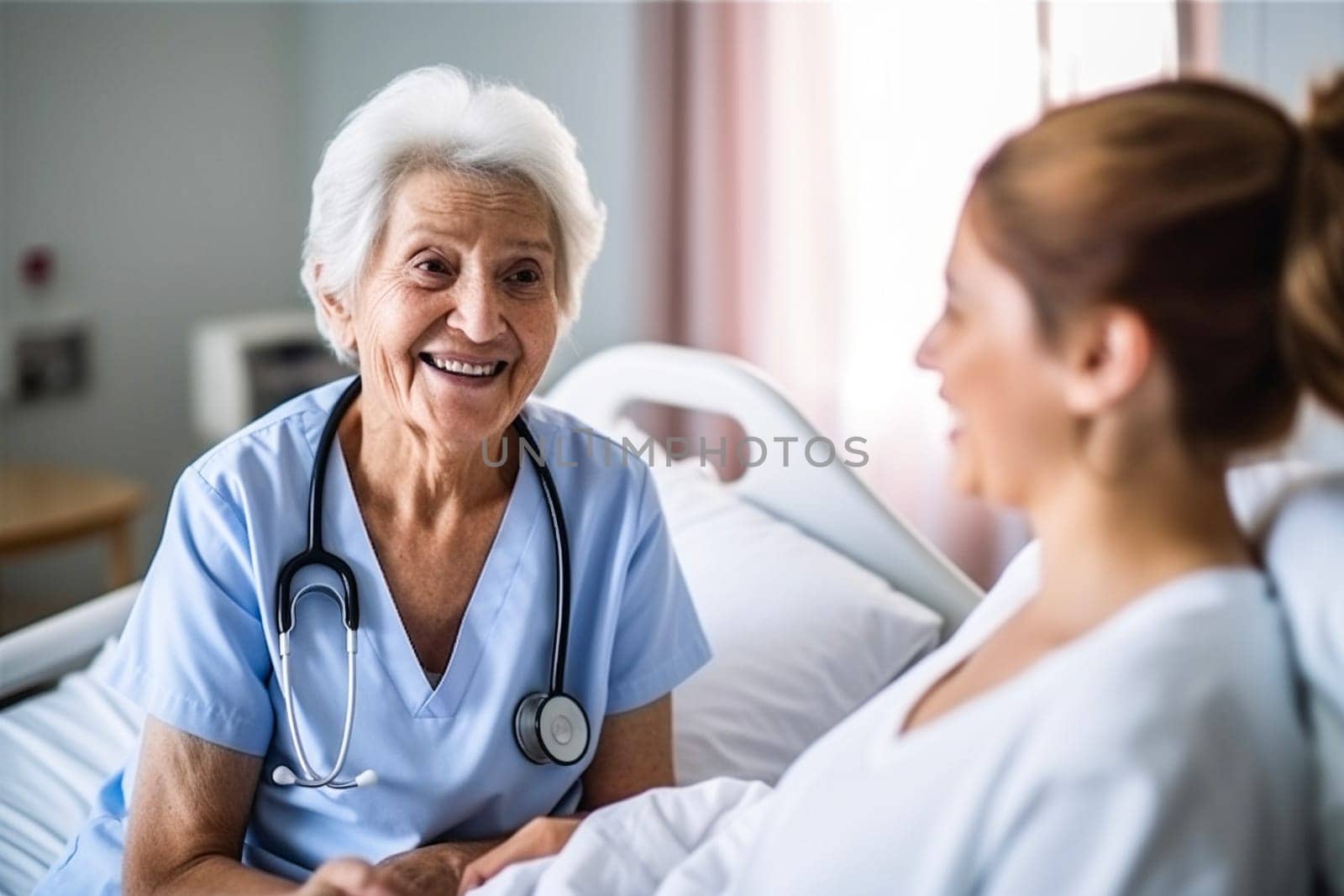 Happy senior female nurse with stethoscope speaking to her female patient at the hospital. Generative AI.