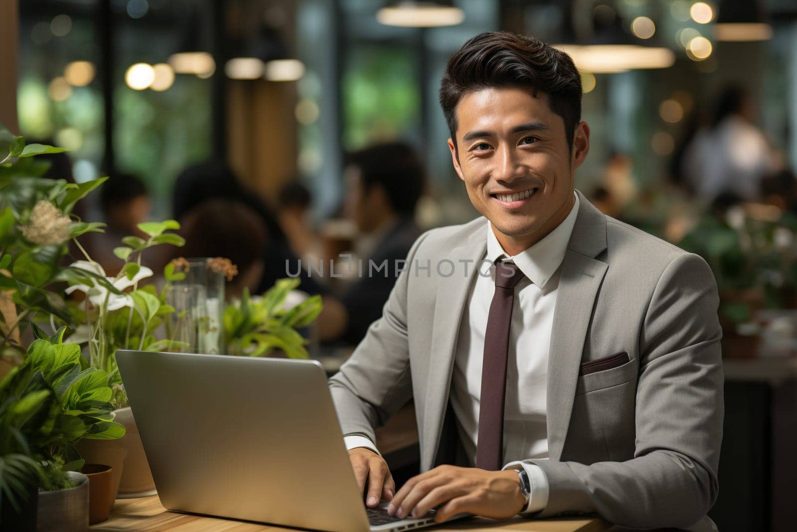 Asian businessman working on laptop at the bar. Remote working concept. Generative AI.