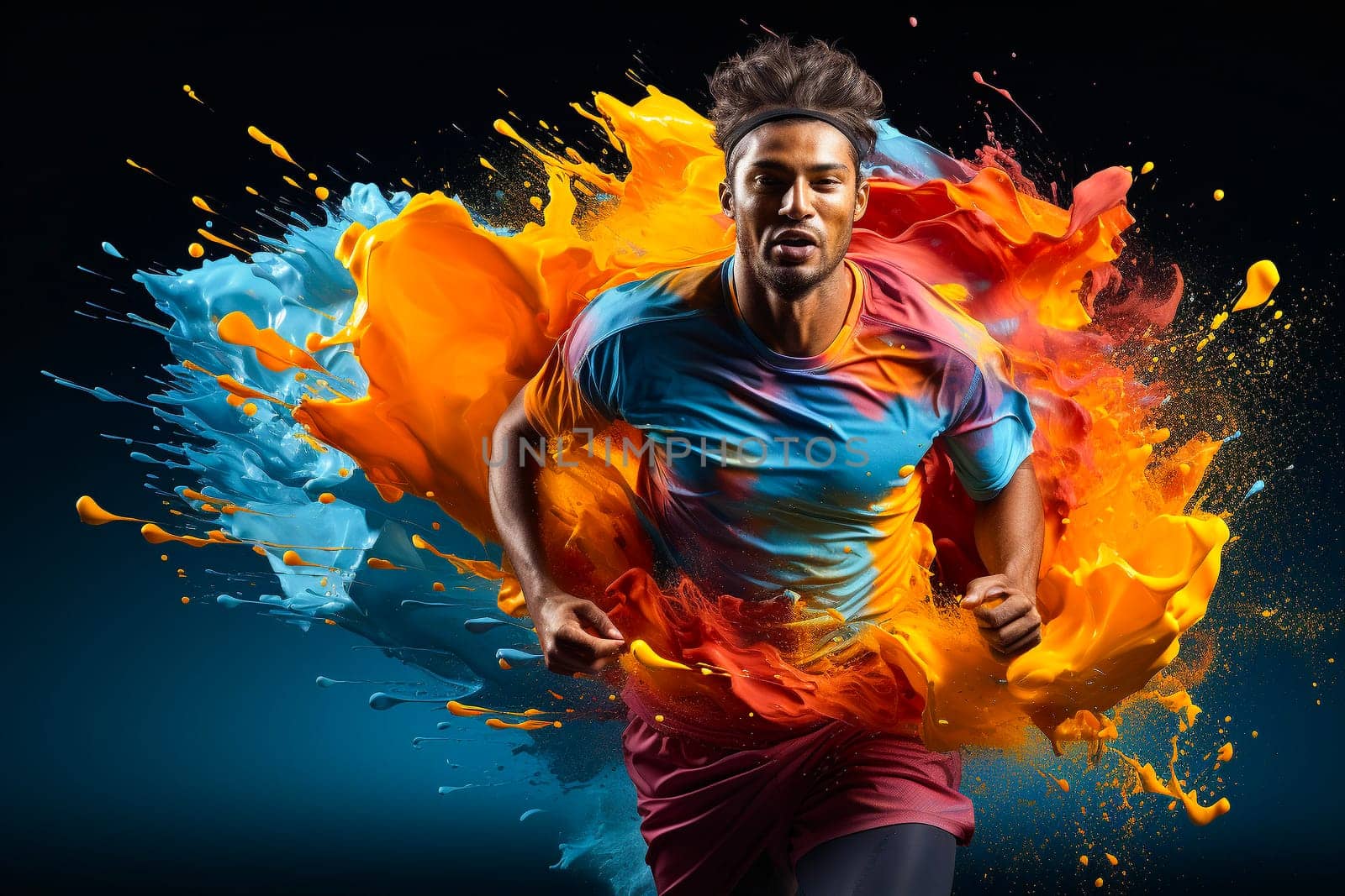 Handsome athlete running trough fluid liquid vivid multicolor explosion. Generative AI.