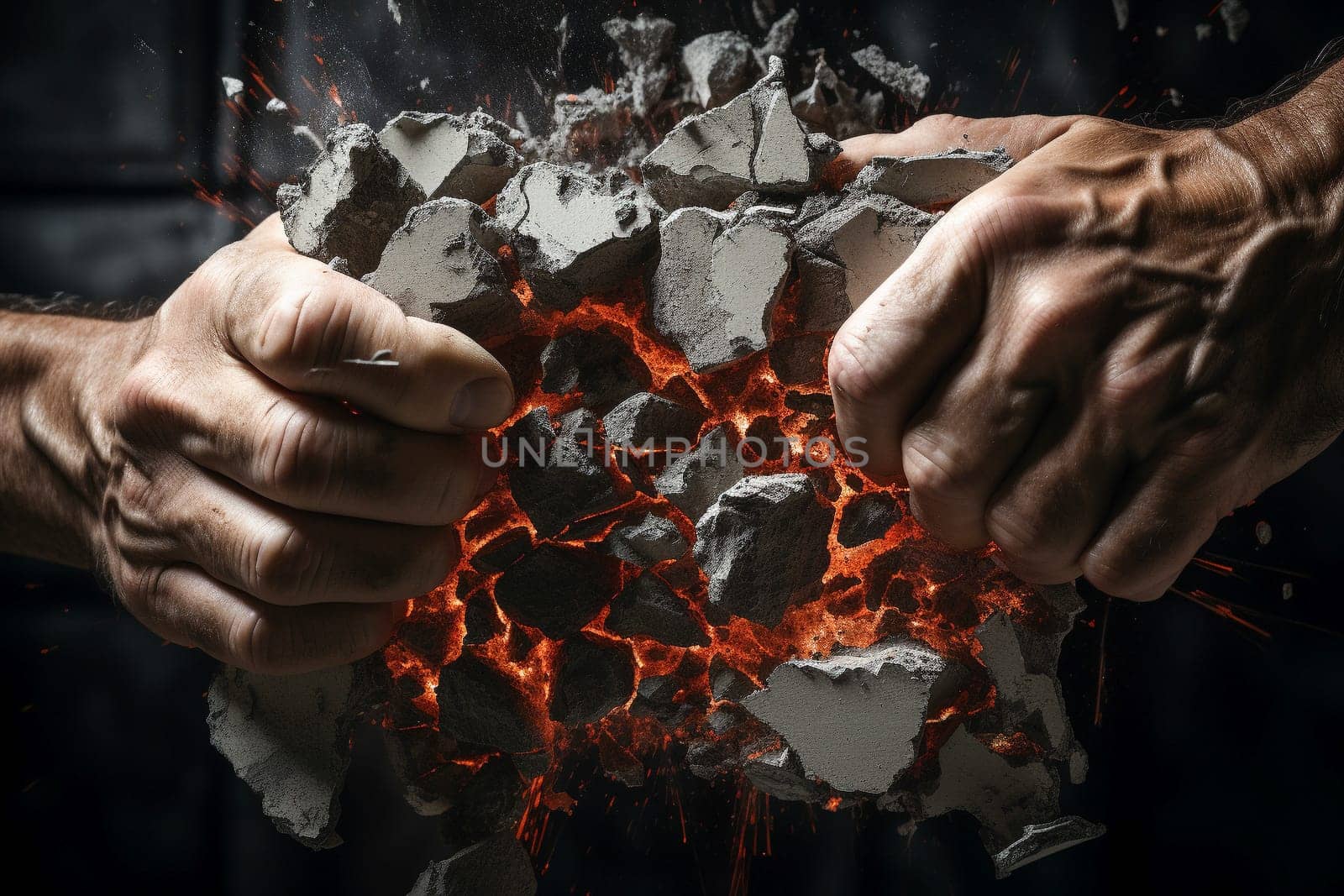Hands breaking concrete wall. Generative AI.