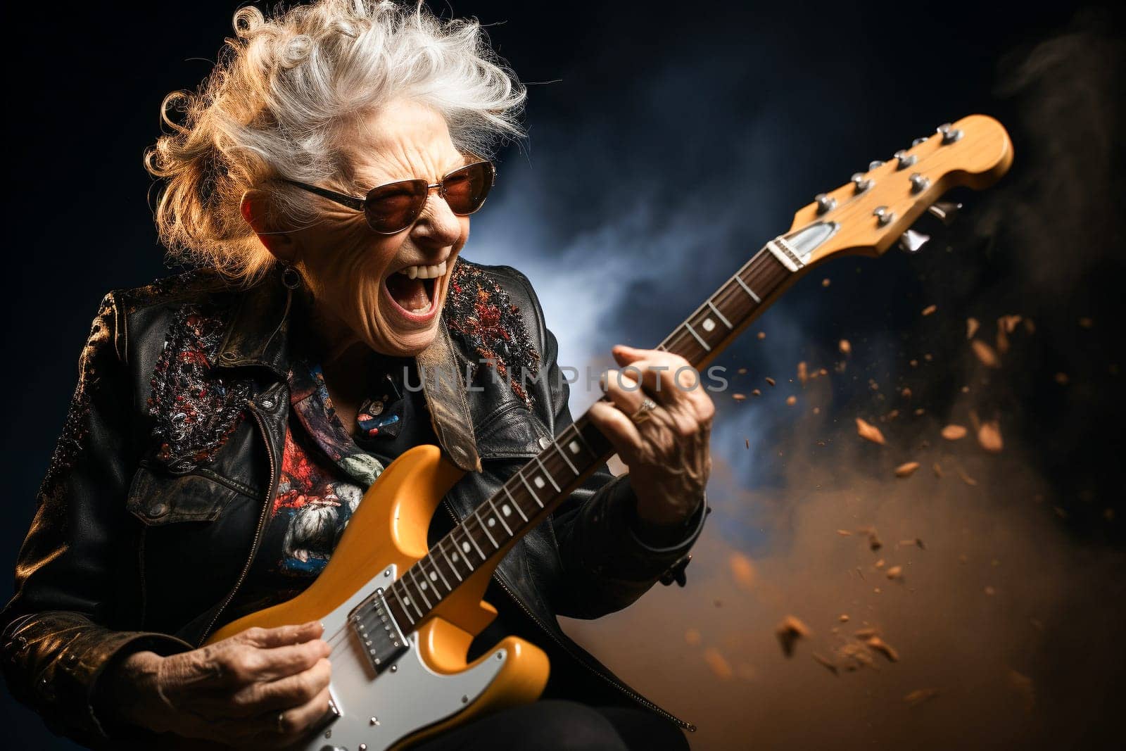 Senior woman wearing black leather jacket playing electric guitar shouting with anger. Generative AI.