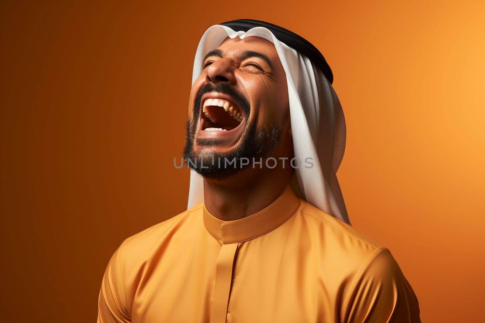 Portrait of happy Saudi young man smiling opening his mouth with joy. Generative AI.
