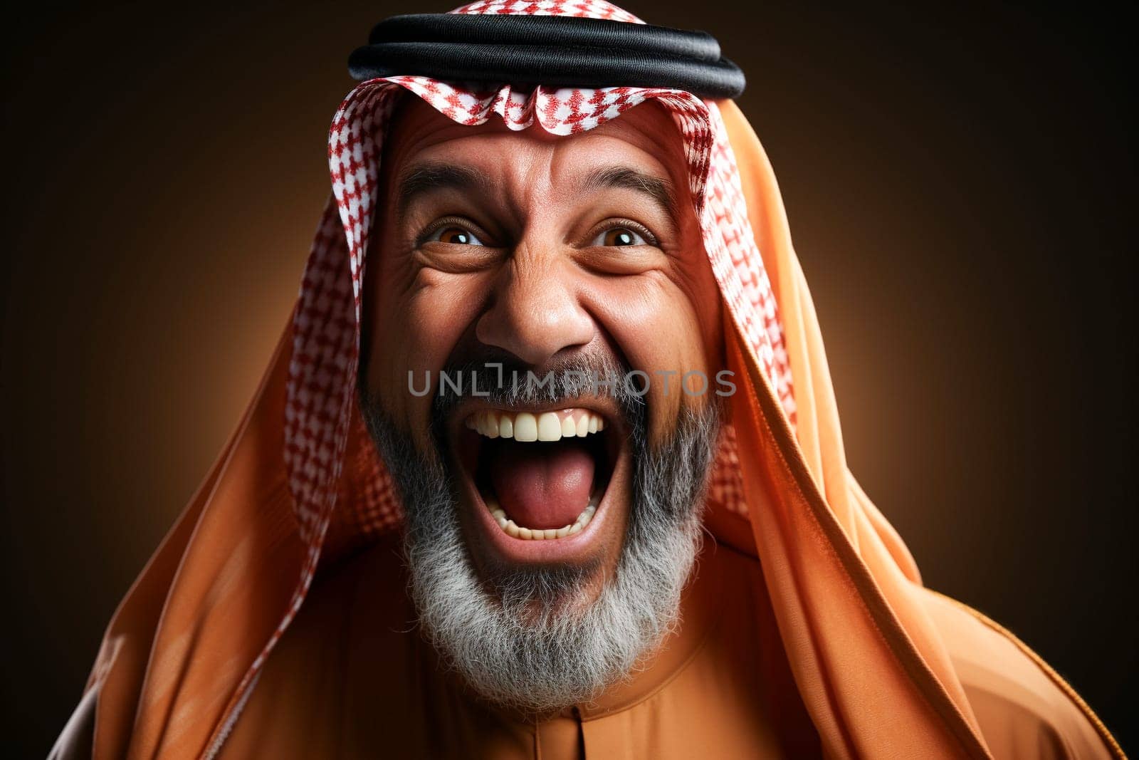 Portrait of happy Saudi man smiling opening his mouth with joy. Generative AI.