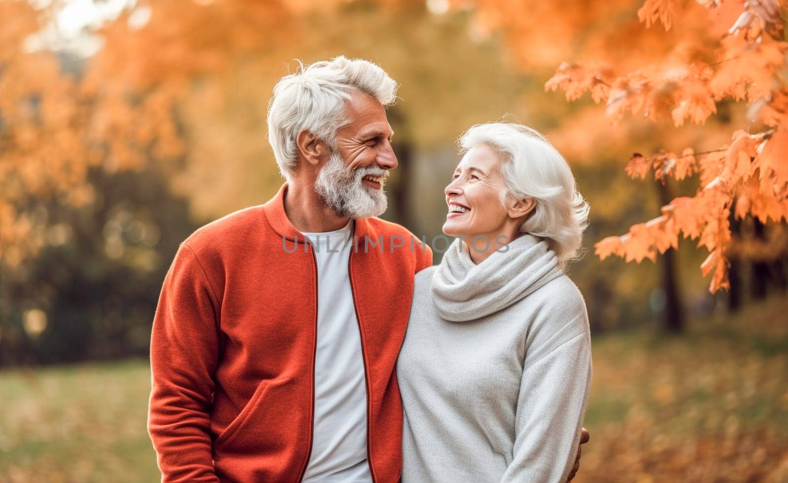 Happy active senior couple having fun outdoors. Portrait of an elderly couple together. Generative AI.