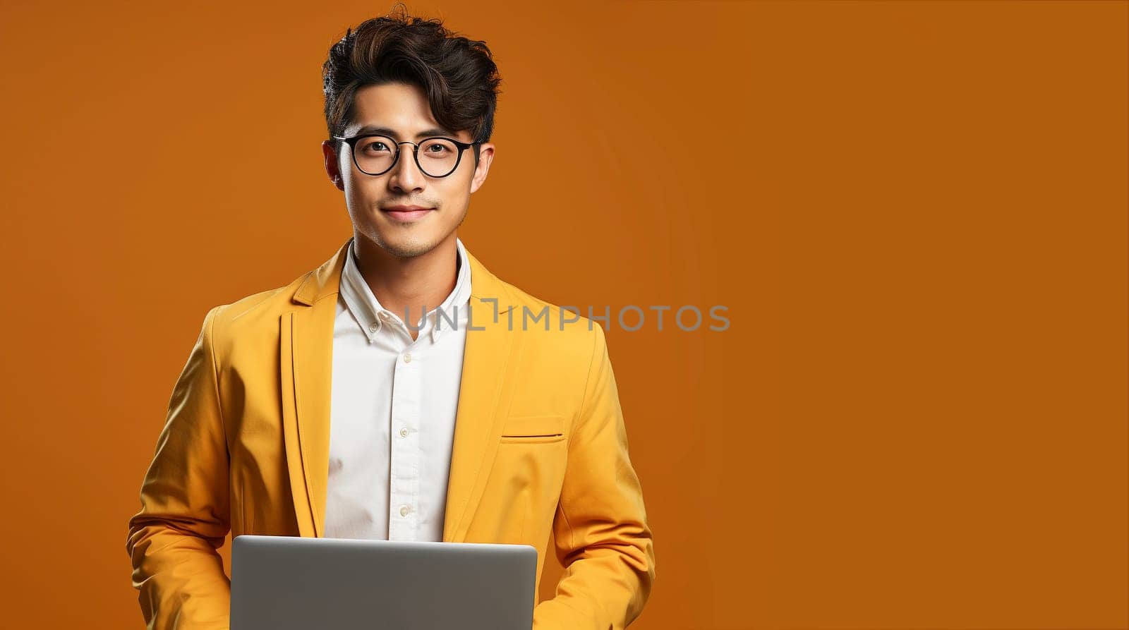Portrait of young Asian businessman standing and holding laptop computer. Generative AI.