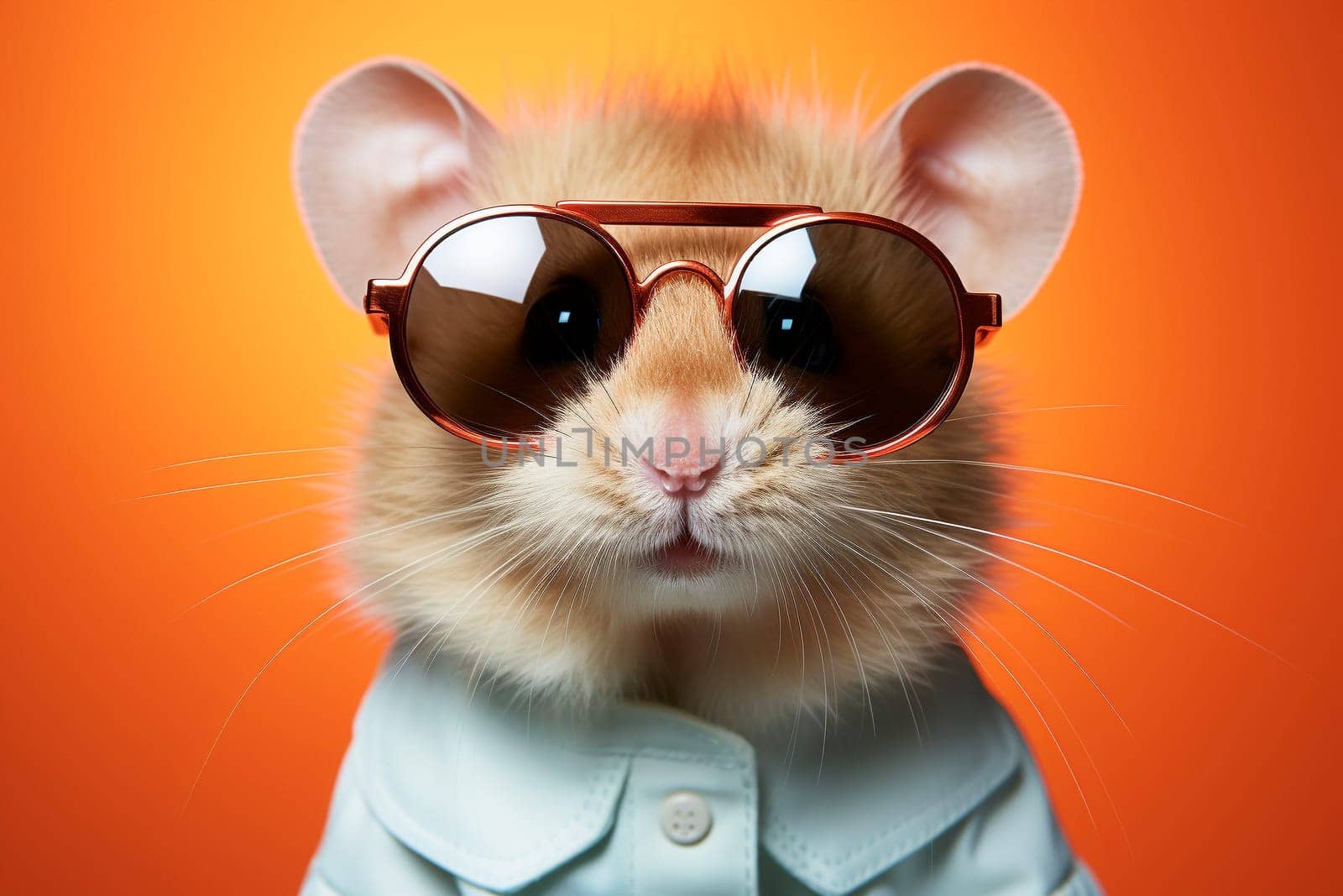 Portrait of cute mouse wearing sunglasses on solid orange background. Generative AI.
