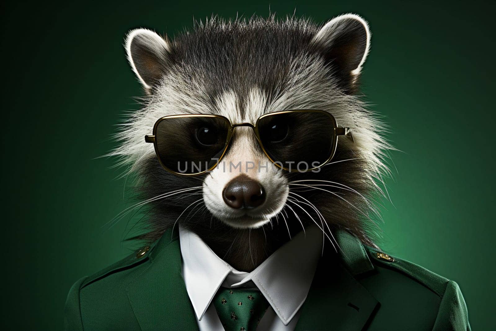 Portrait of skunk with sunglasses wearing suit and tie on solid background. Generative AI.
