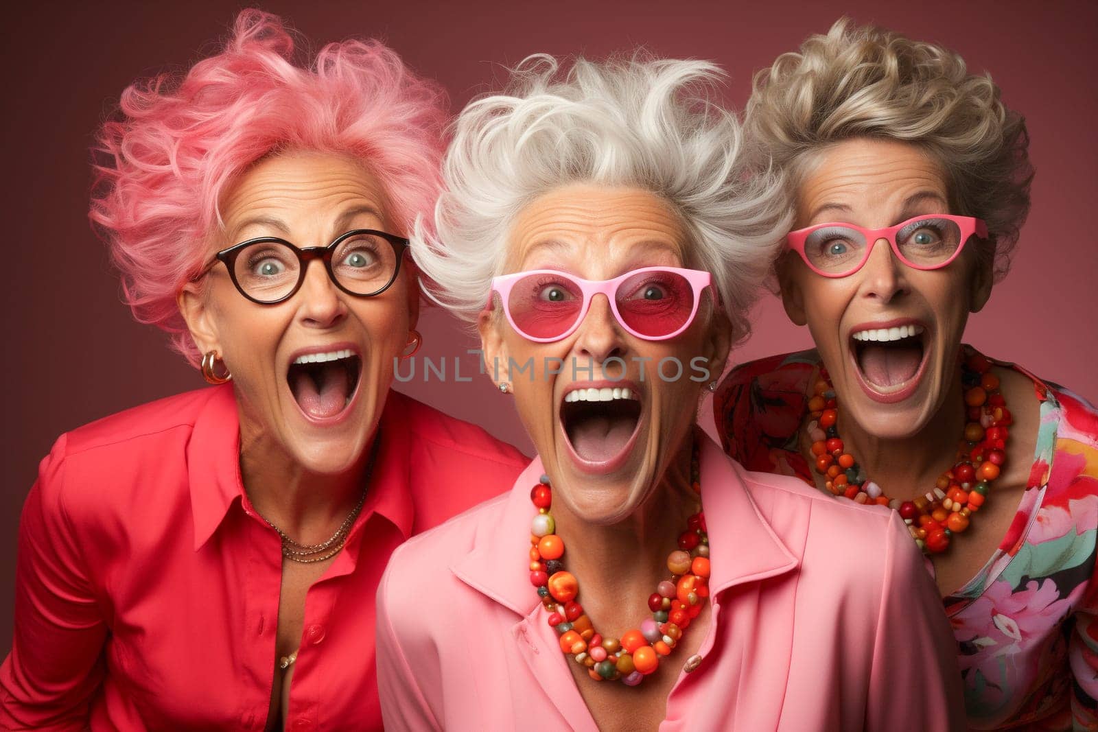 Funny portrait of three old shocked women looking at camera keeping mouth open. Sudden incredible news reaction wow. Generative AI.
