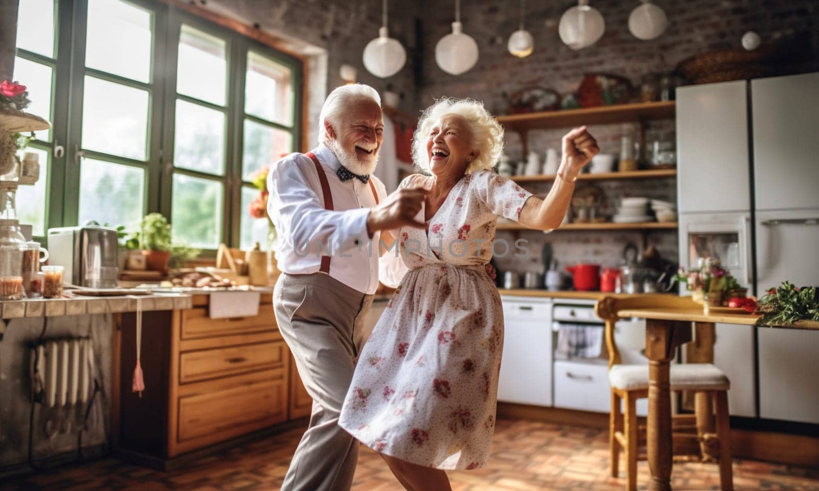 Beautiful senior couple is dancing and smiling together in the kitchen. Generative AI.