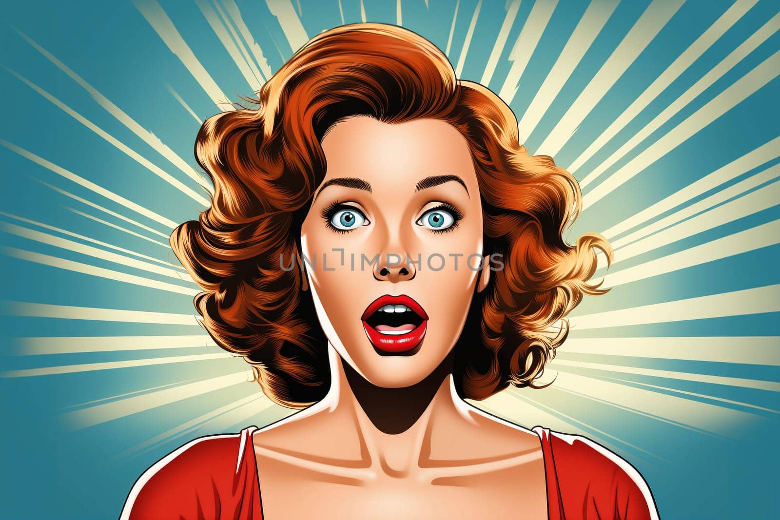 Pop Art illustration of surprised young sexy woman with open mouth. Advertising vintage poster or party invitation with club girl with wow face in comic style. Generative AI.