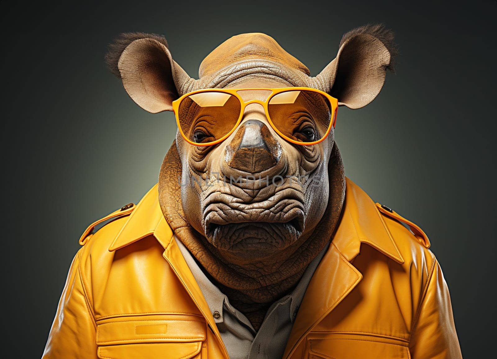 Rhinoceros with sunglasses wearing yellow leather jacket on solid green background. Generative AI.