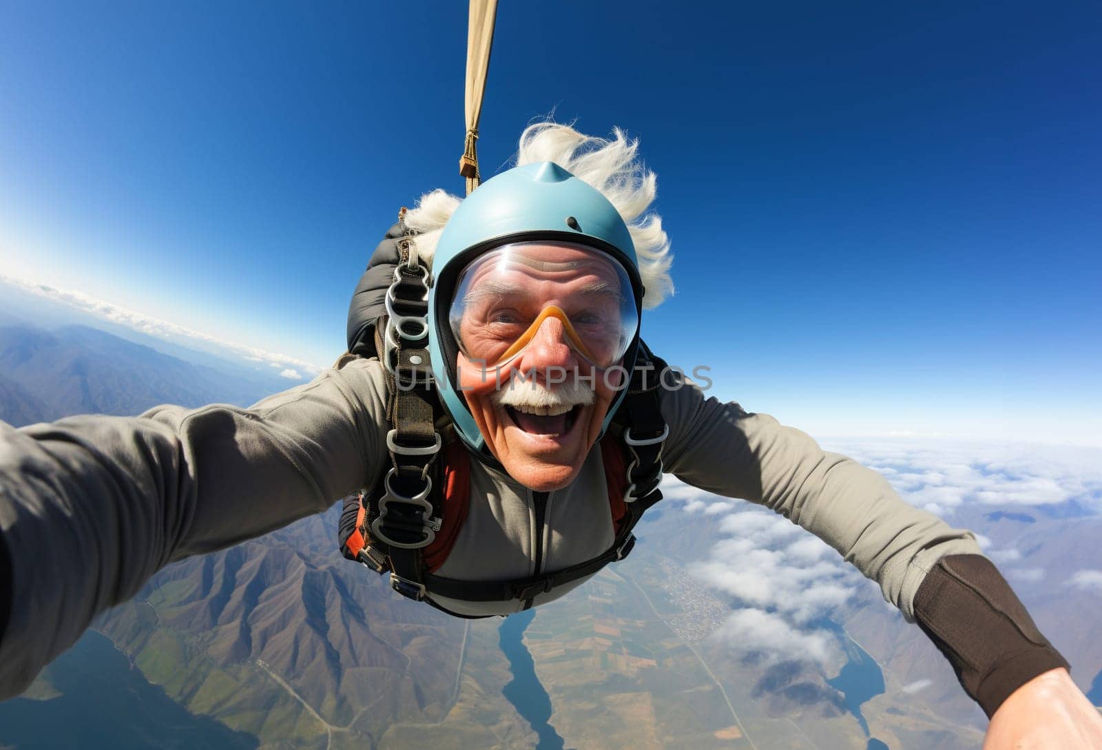 Skydiver senior man, smiling in free fall. Generative AI.