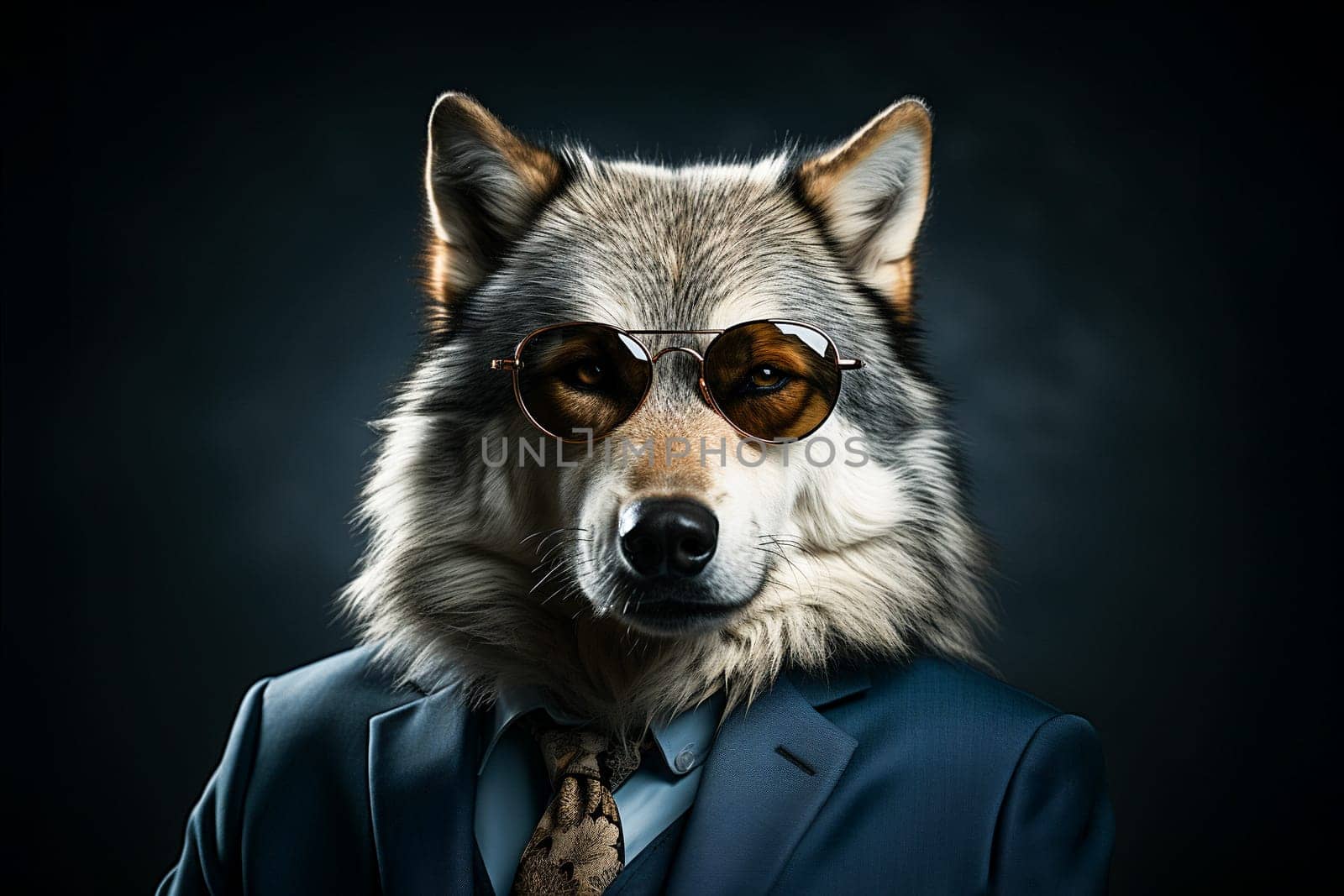 Portrait of wolf with sunglasses wearing suit and tie on solid background. Generative AI.