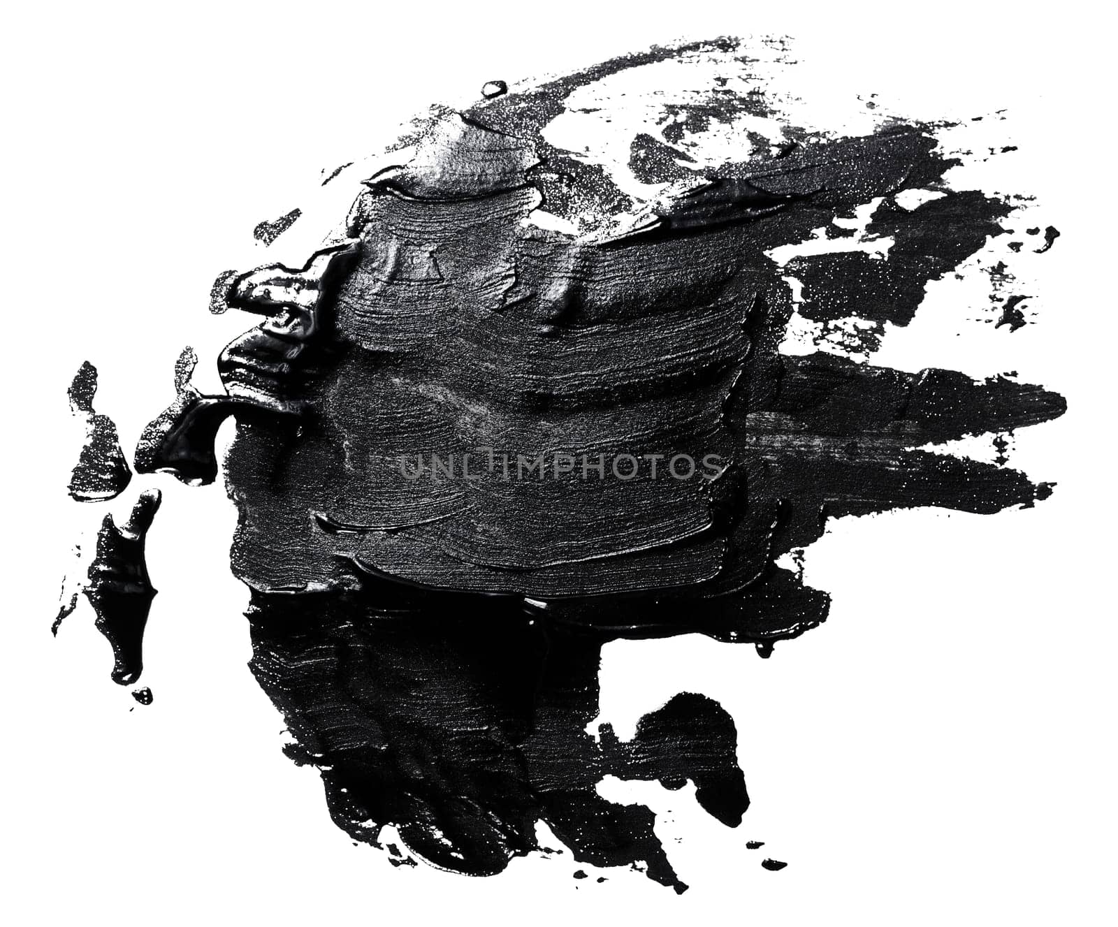 Black paint stroke with bristle brush, swatch isolated on white background