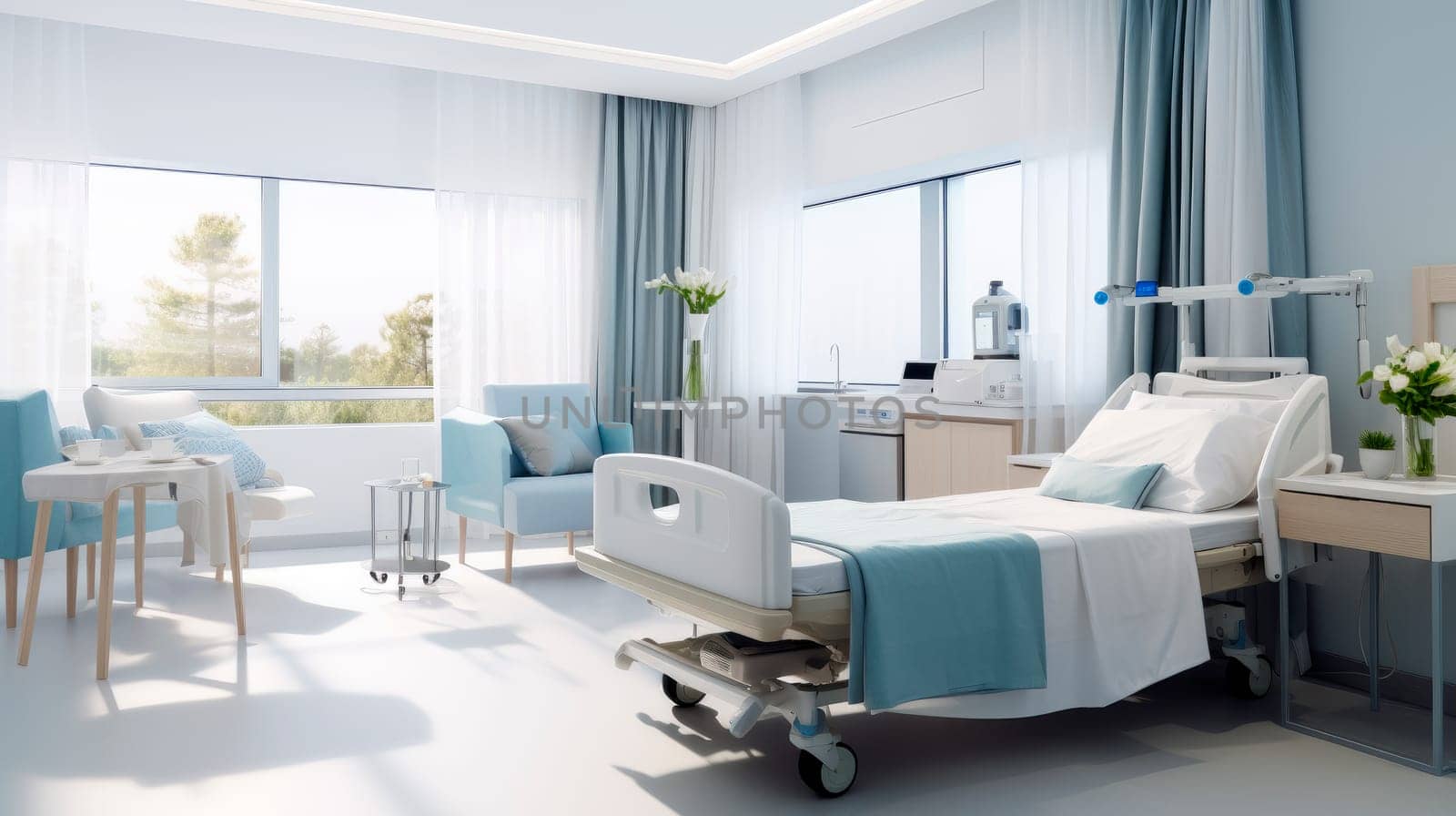 Empty bed in modern nursing home or a clinic. Empty bright hospital room in a modern clinic.Recovery room. AI generated