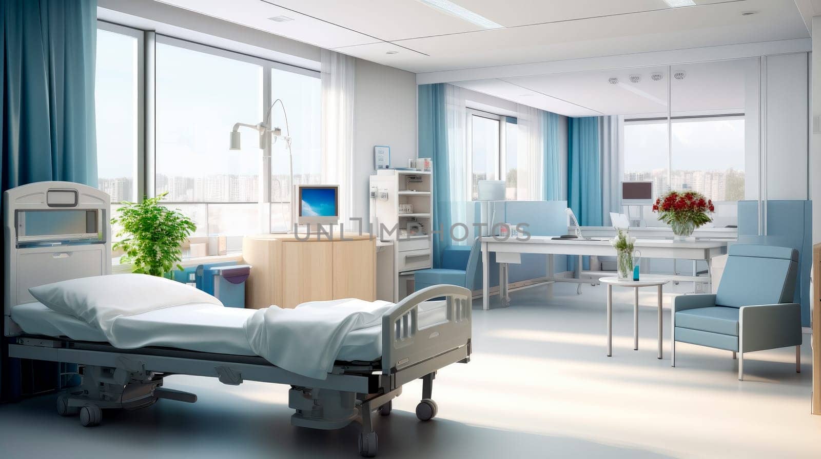 Empty bed in modern nursing home or a clinic. Empty bright hospital room in a modern clinic.Recovery room. AI generated
