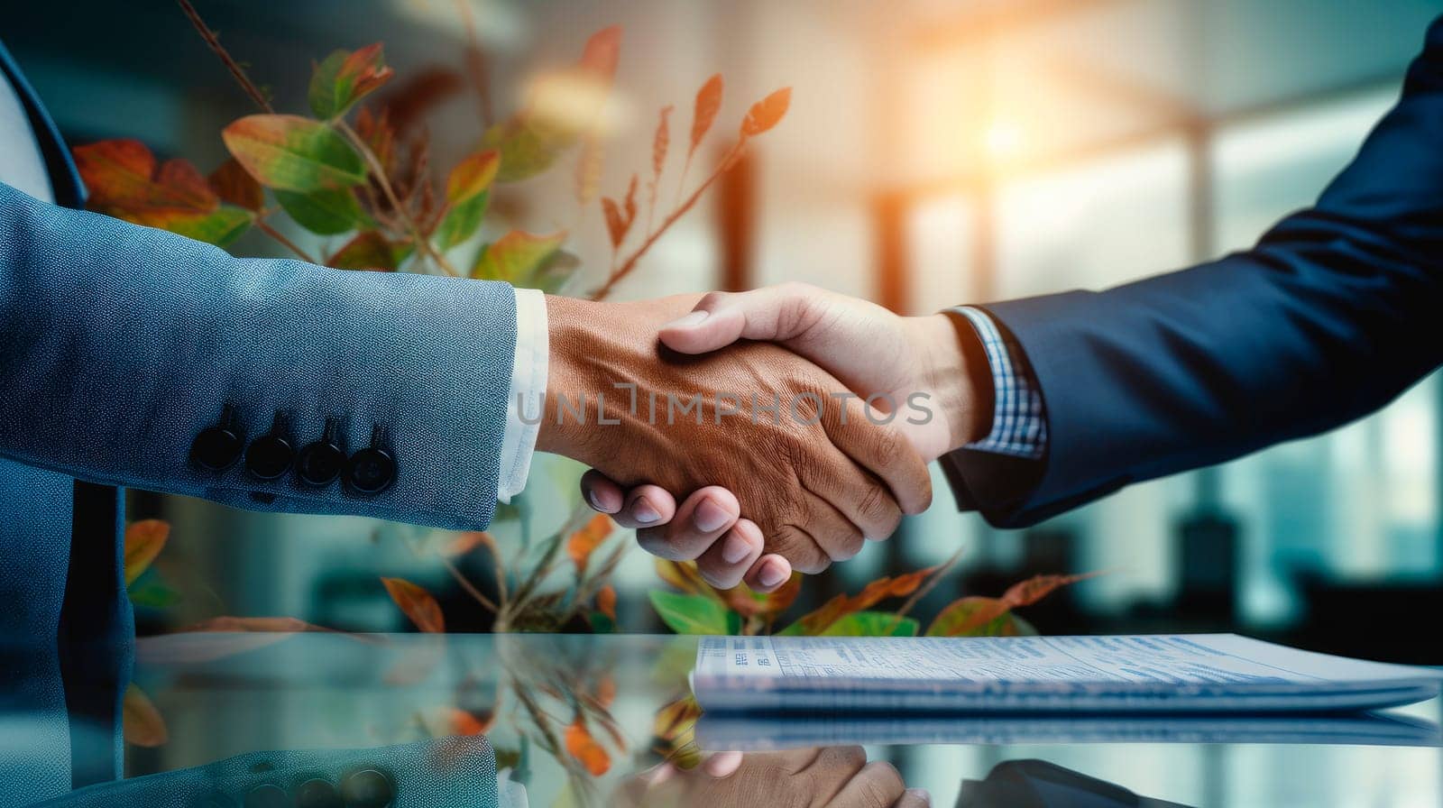 Two business man shaking hands during a meeting in the office, success, dealing, greeting and partner concept. AI generated
