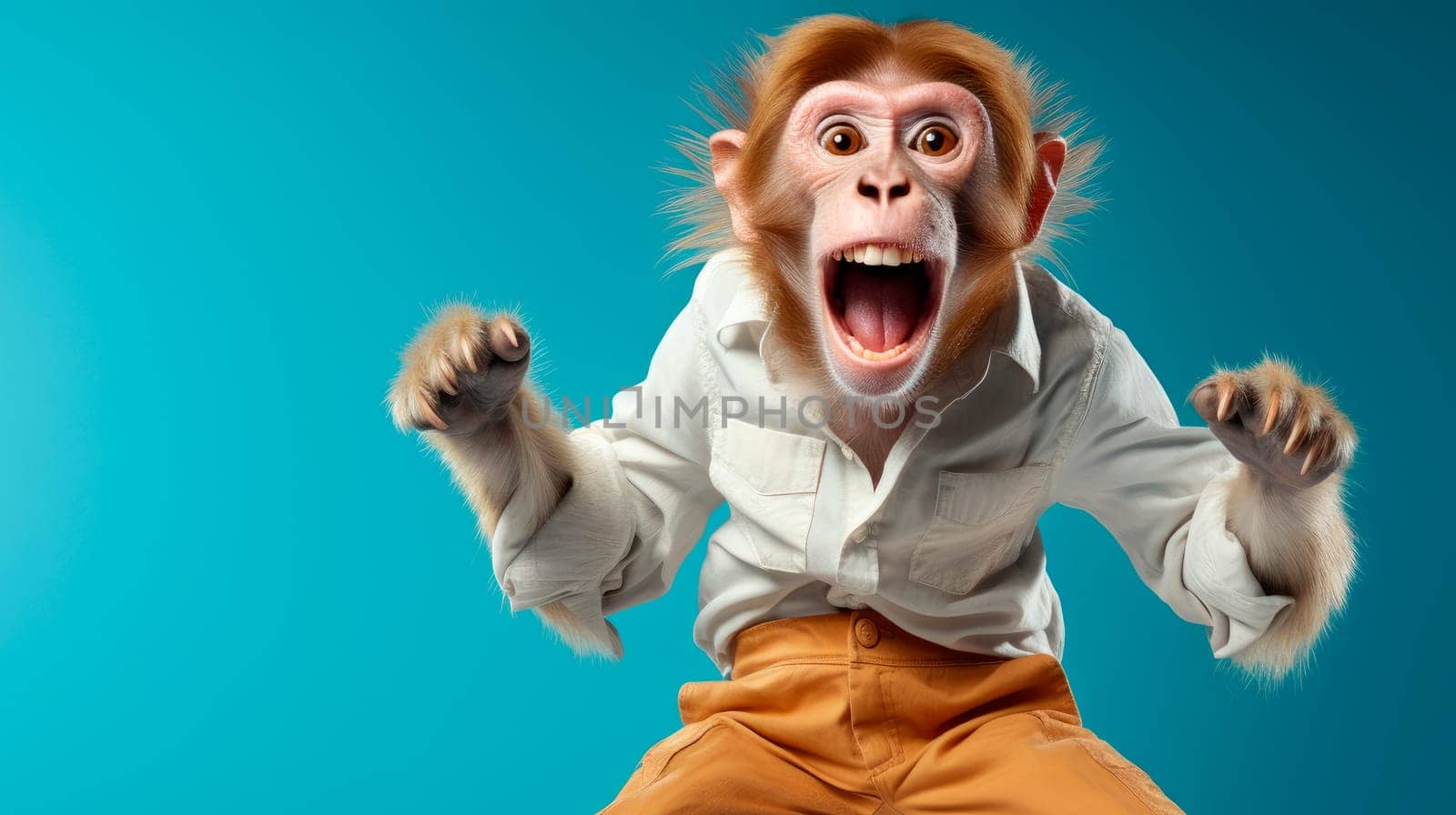 Monkey wearing stylish clothes dancing on the blue background. AI generated