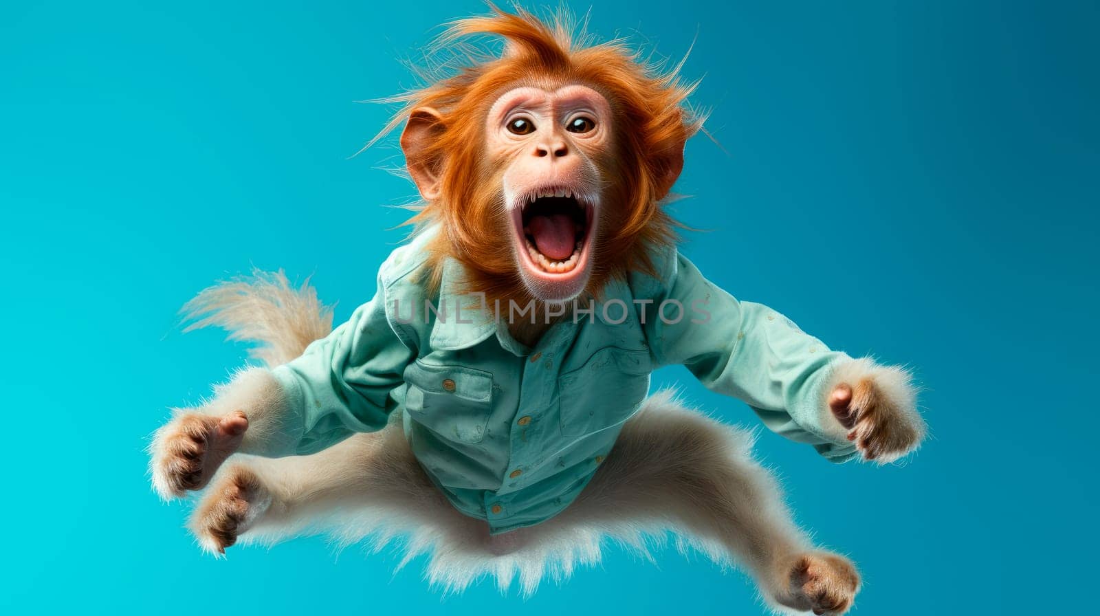 Monkey wearing shirt jumping on the blue background. AI generated